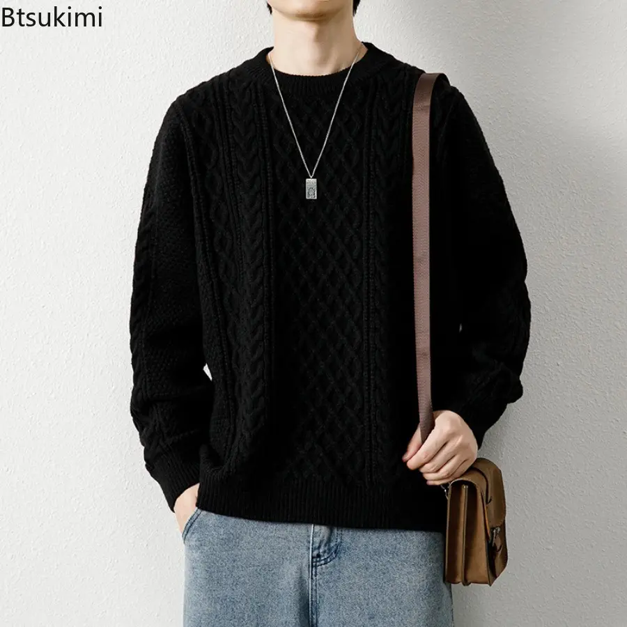 Autumn Winter Men Sweater Vintage O Neck Solid Color Mens Knitted Pullovers Loose Harajuku Mens Retro Knitting Pullover Sweaters