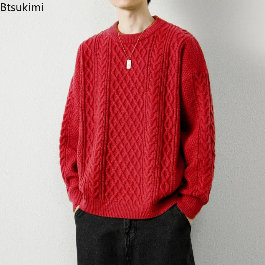 Autumn Winter Men Sweater Vintage O Neck Solid Color Mens Knitted Pullovers Loose Harajuku Mens Retro Knitting Pullover Sweaters