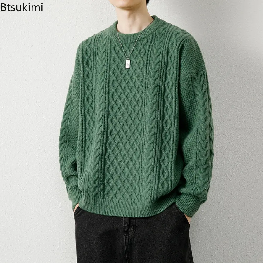 Autumn Winter Men Sweater Vintage O Neck Solid Color Mens Knitted Pullovers Loose Harajuku Mens Retro Knitting Pullover Sweaters