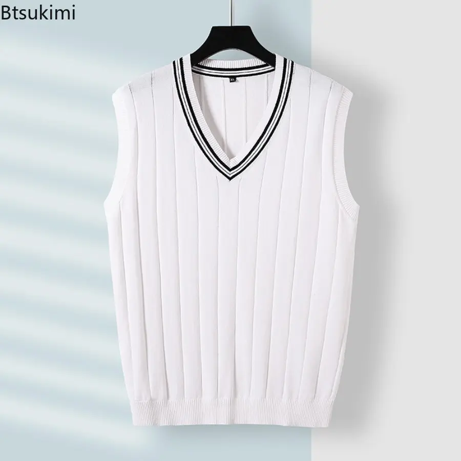 2025 Autumn Winter New Men's Sweater Vest Slim Fit Pure Cotton Sleeveless V-neck Knitted Vest Fashionable Solid Knitted Pullover