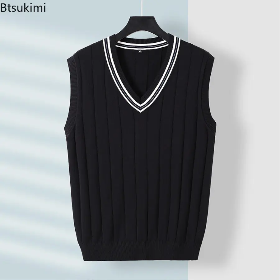 2025 Autumn Winter New Men's Sweater Vest Slim Fit Pure Cotton Sleeveless V-neck Knitted Vest Fashionable Solid Knitted Pullover