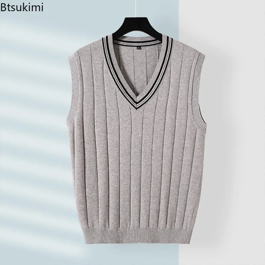 2025 Autumn Winter New Men's Sweater Vest Slim Fit Pure Cotton Sleeveless V-neck Knitted Vest Fashionable Solid Knitted Pullover