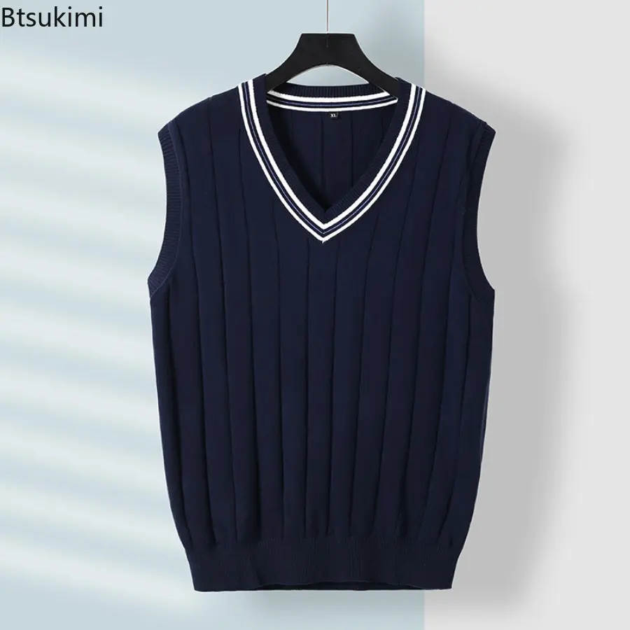 2025 Autumn Winter New Men's Sweater Vest Slim Fit Pure Cotton Sleeveless V-neck Knitted Vest Fashionable Solid Knitted Pullover