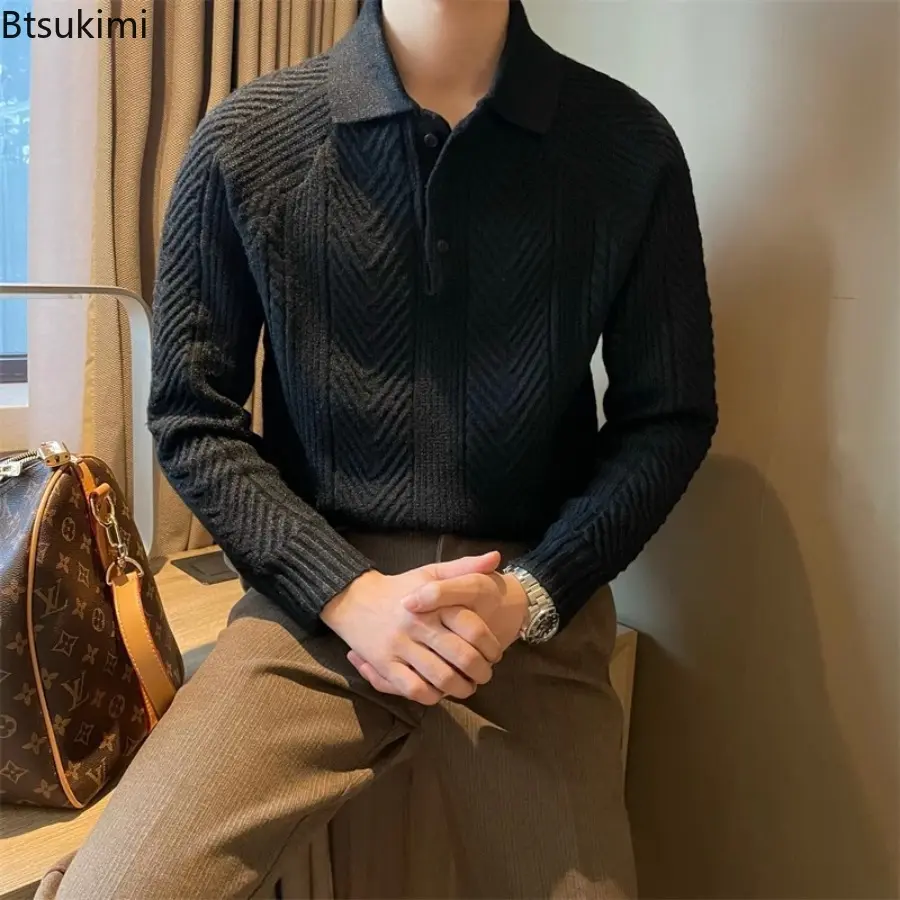 Men's Knitted Polo Sweaters Retro Turn-down Collar Autumn Winter Solid Pullover Long Sleeve Sweater Knitted Screw Thread Tops