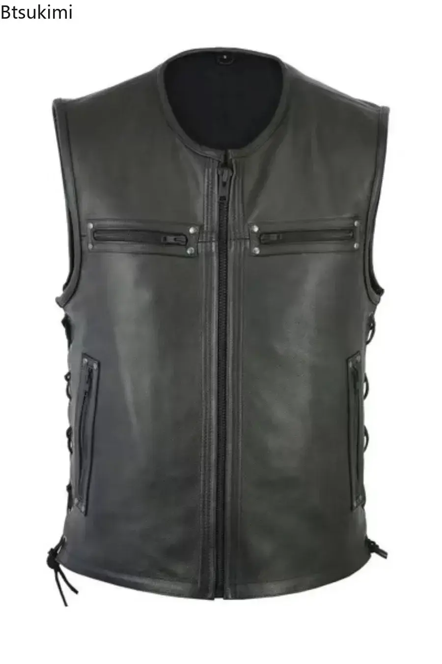 2025 Men's Handsome Motorcycle Leather Vest Jacket Fashion O-neck Solid Sleeveless PU Leather Zip Punk Tops Men Trend Streetwear