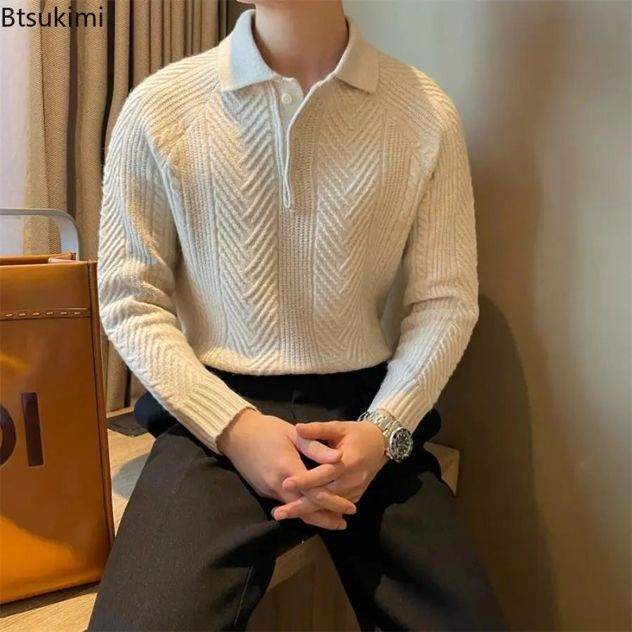 Men's Knitted Polo Sweaters Retro Turn-down Collar Autumn Winter Solid Pullover Long Sleeve Sweater Knitted Screw Thread Tops