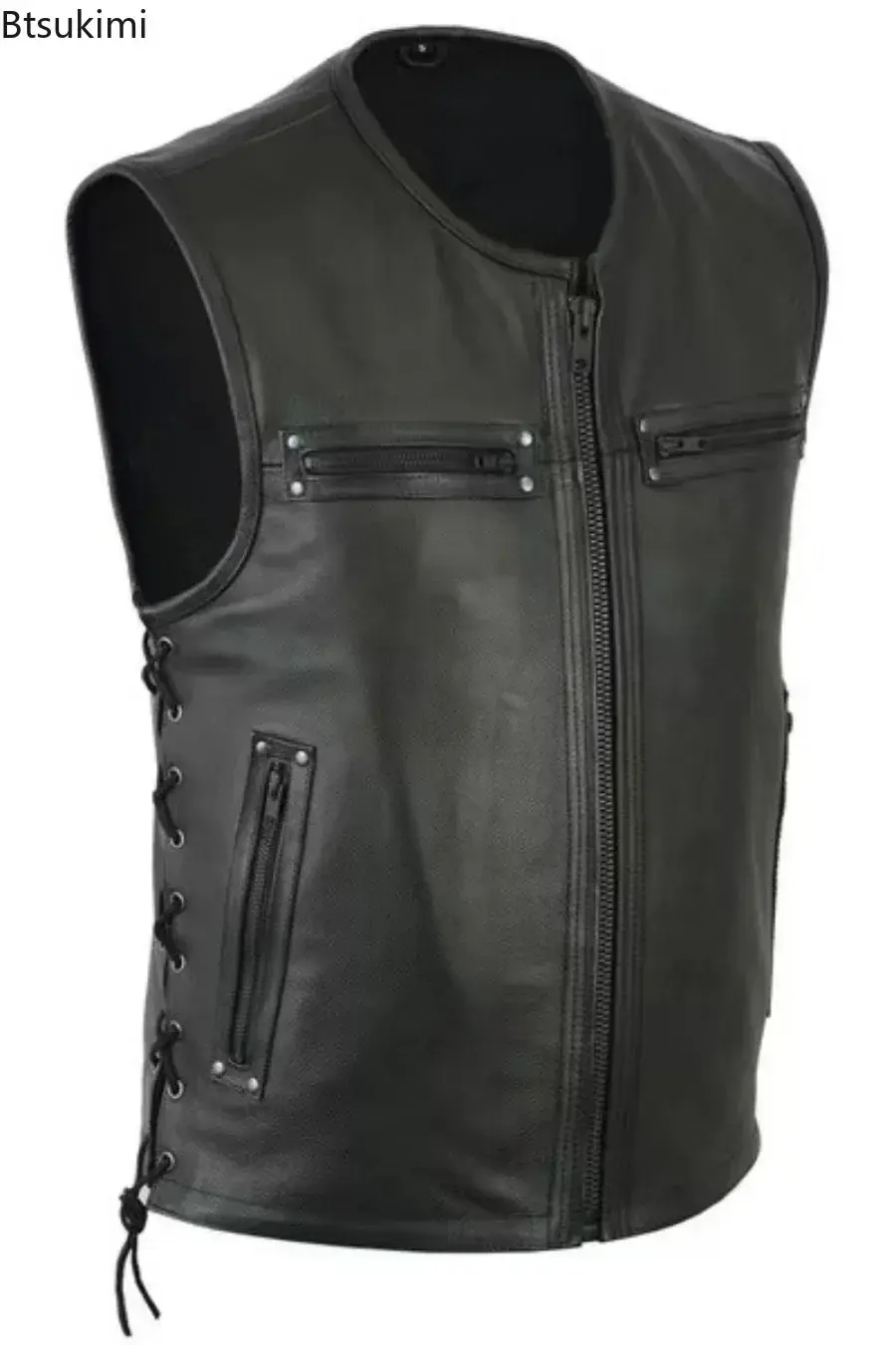 2025 Men's Handsome Motorcycle Leather Vest Jacket Fashion O-neck Solid Sleeveless PU Leather Zip Punk Tops Men Trend Streetwear