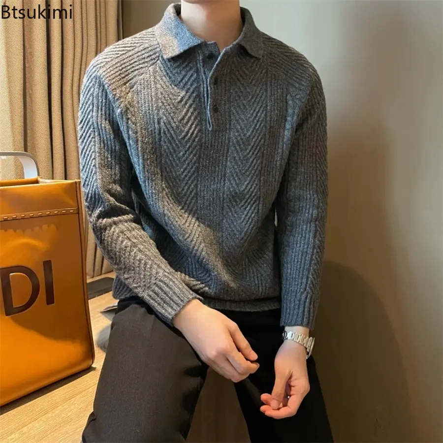 Men's Knitted Polo Sweaters Retro Turn-down Collar Autumn Winter Solid Pullover Long Sleeve Sweater Knitted Screw Thread Tops