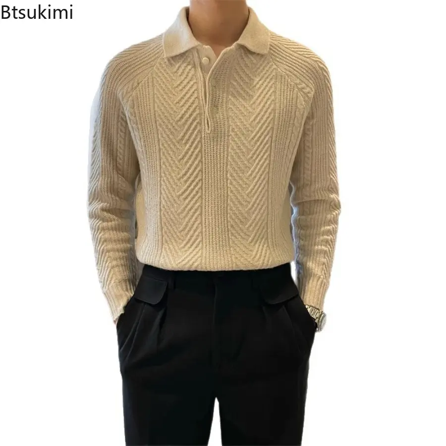 Men's Knitted Polo Sweaters Retro Turn-down Collar Autumn Winter Solid Pullover Long Sleeve Sweater Knitted Screw Thread Tops