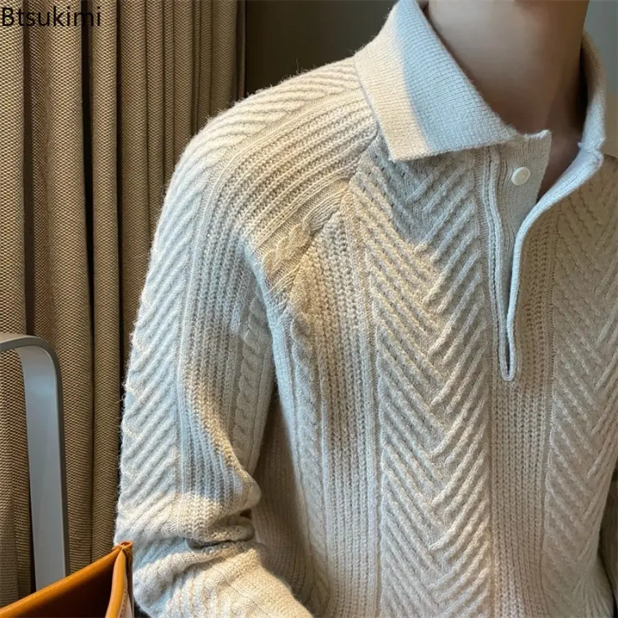 Men's Knitted Polo Sweaters Retro Turn-down Collar Autumn Winter Solid Pullover Long Sleeve Sweater Knitted Screw Thread Tops