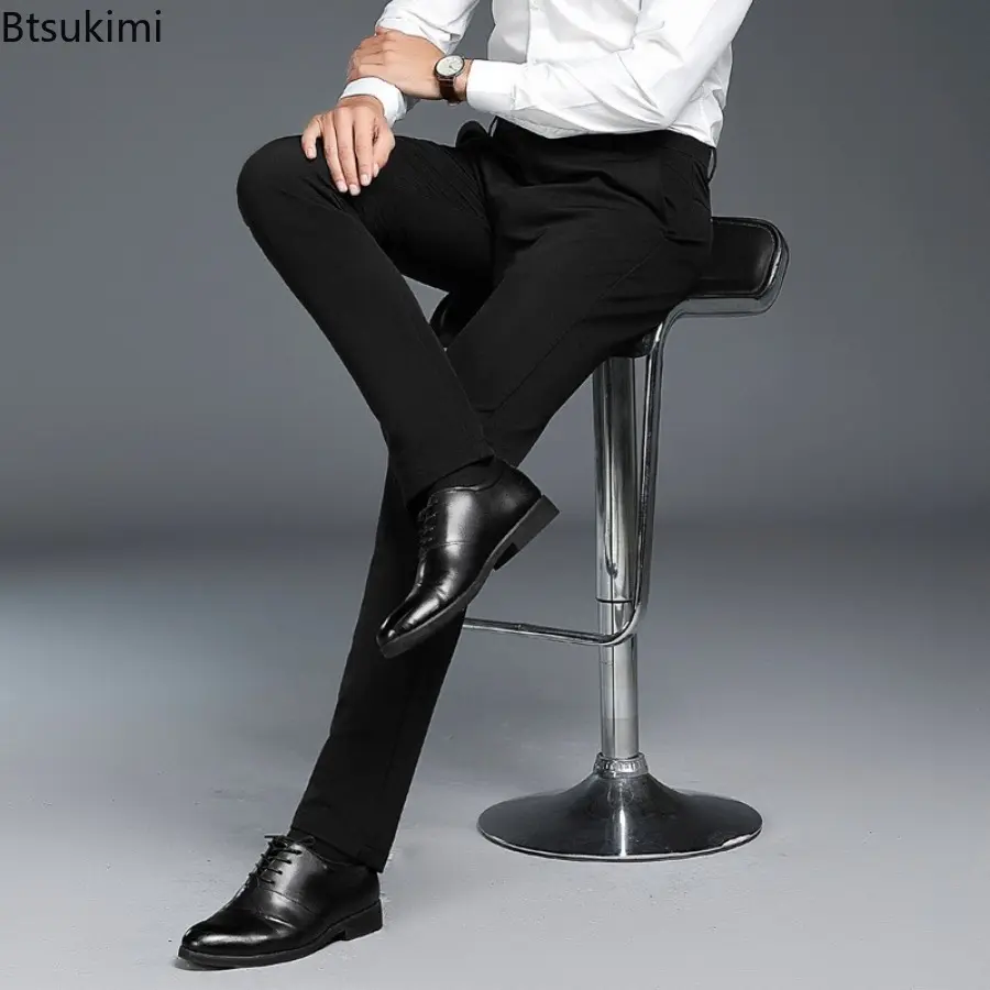 2025 Brand New Men's Fashion Solid Slim Business Casual Trousers Elastic Breathable Formal Suit Pants for Men Large Size 28-42