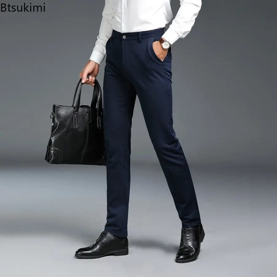 2025 Brand New Men's Fashion Solid Slim Business Casual Trousers Elastic Breathable Formal Suit Pants for Men Large Size 28-42