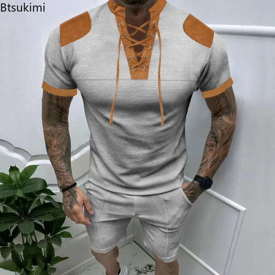 Summer New Men's Casual Suit Fashion Patchwork Retro Lace-up V-neck Henley Shirt and Shorts Sets Male Trend Colorblock Sportwear