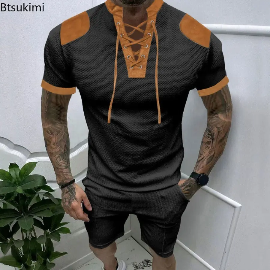 Summer New Men's Casual Suit Fashion Patchwork Retro Lace-up V-neck Henley Shirt and Shorts Sets Male Trend Colorblock Sportwear