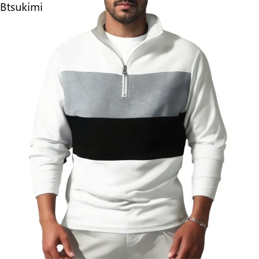 Men's Long Sleeve Zip-up Sweatshirts Vintage Stand Collar Patchwork Pullover Tops Mens Autumn Daily Casual Fashion Sweatshirt