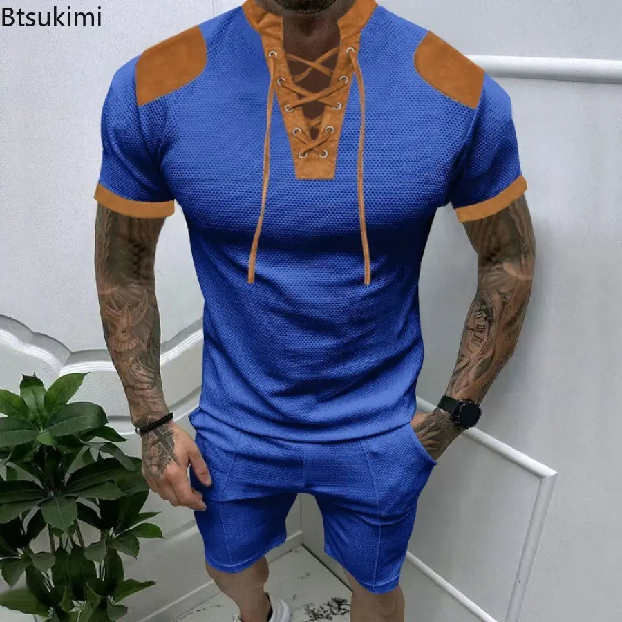 Summer New Men's Casual Suit Fashion Patchwork Retro Lace-up V-neck Henley Shirt and Shorts Sets Male Trend Colorblock Sportwear