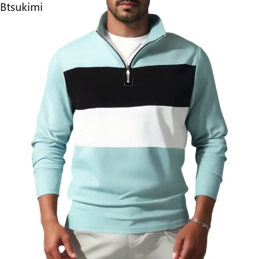 Men's Long Sleeve Zip-up Sweatshirts Vintage Stand Collar Patchwork Pullover Tops Mens Autumn Daily Casual Fashion Sweatshirt