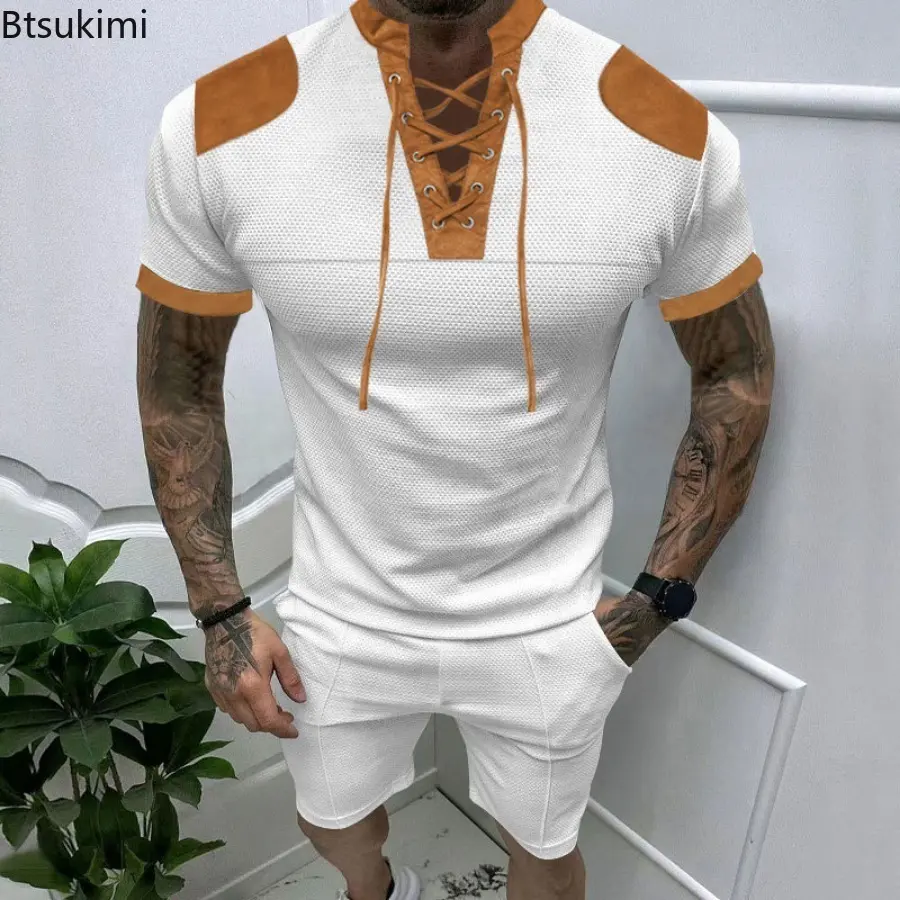 Summer New Men's Casual Suit Fashion Patchwork Retro Lace-up V-neck Henley Shirt and Shorts Sets Male Trend Colorblock Sportwear