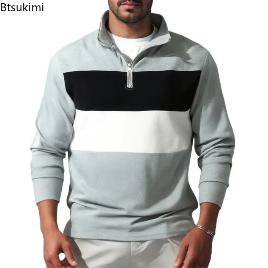 Men's Long Sleeve Zip-up Sweatshirts Vintage Stand Collar Patchwork Pullover Tops Mens Autumn Daily Casual Fashion Sweatshirt