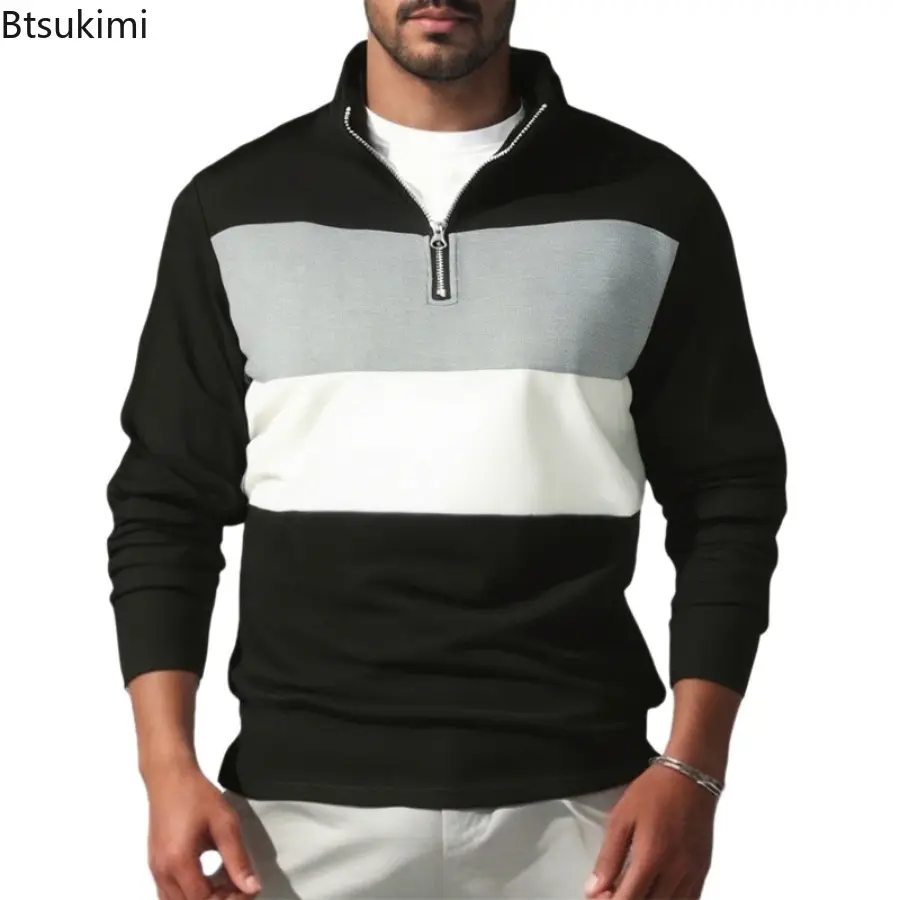 Men's Long Sleeve Zip-up Sweatshirts Vintage Stand Collar Patchwork Pullover Tops Mens Autumn Daily Casual Fashion Sweatshirt