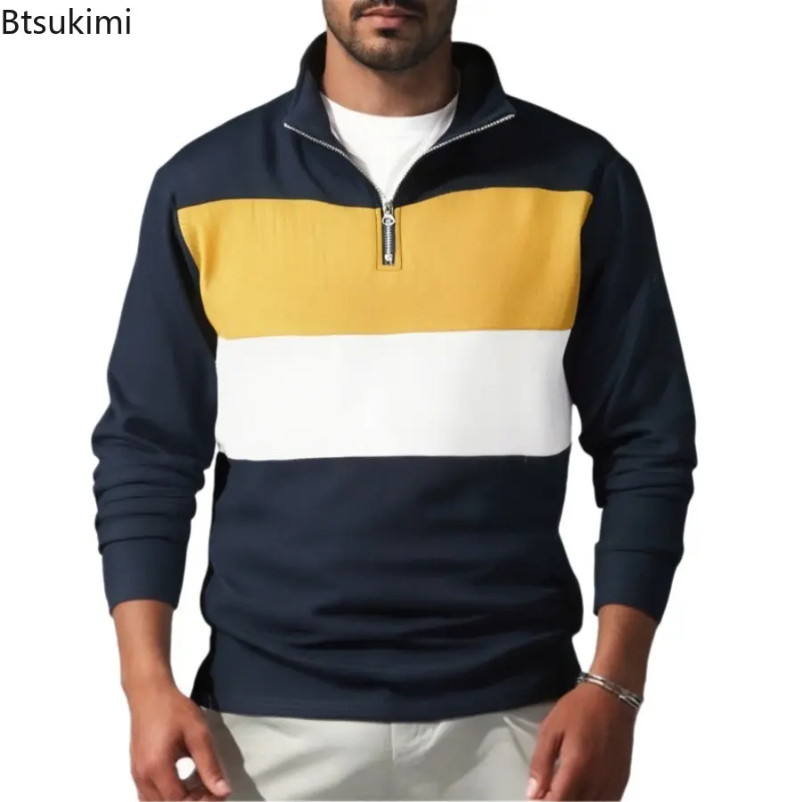 Men's Long Sleeve Zip-up Sweatshirts Vintage Stand Collar Patchwork Pullover Tops Mens Autumn Daily Casual Fashion Sweatshirt