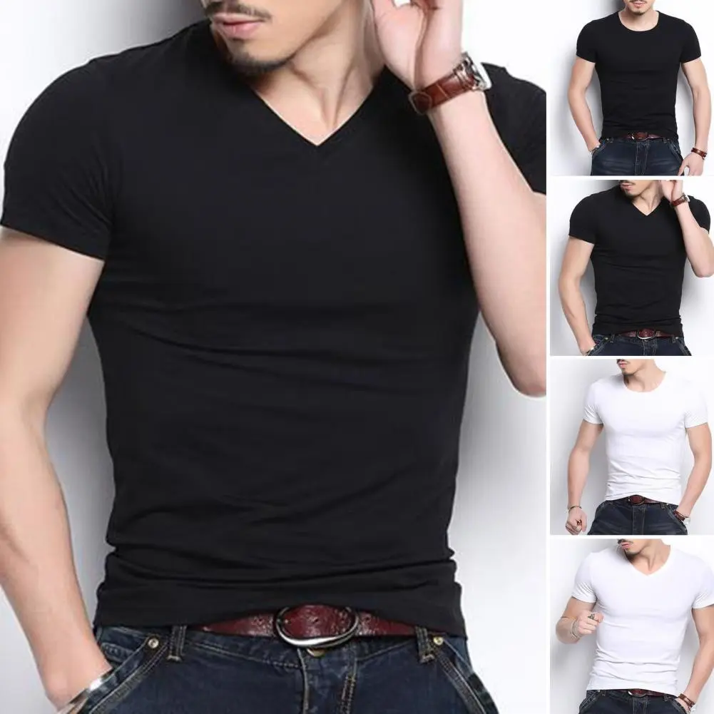 Summer Men T-shirt Round Neck V Neck Short Sleeve Pullover Tees Solid Color Soft Breathable Thin Simple Style Casual Men Top