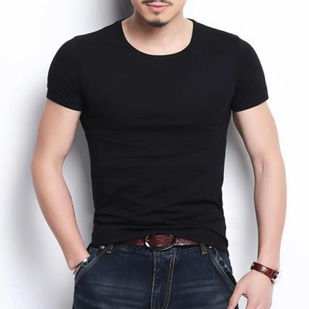 Summer Men T-shirt Round Neck V Neck Short Sleeve Pullover Tees Solid Color Soft Breathable Thin Simple Style Casual Men Top