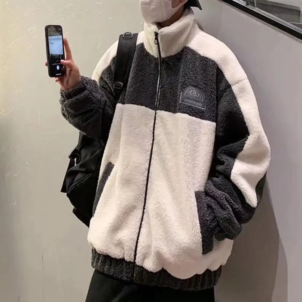 Autumn Winter Imitation Cashmere Coat Men Stand Collar Long Sleeve Pocket Jacket Coat Patchwork Color Loose Plush Jacket