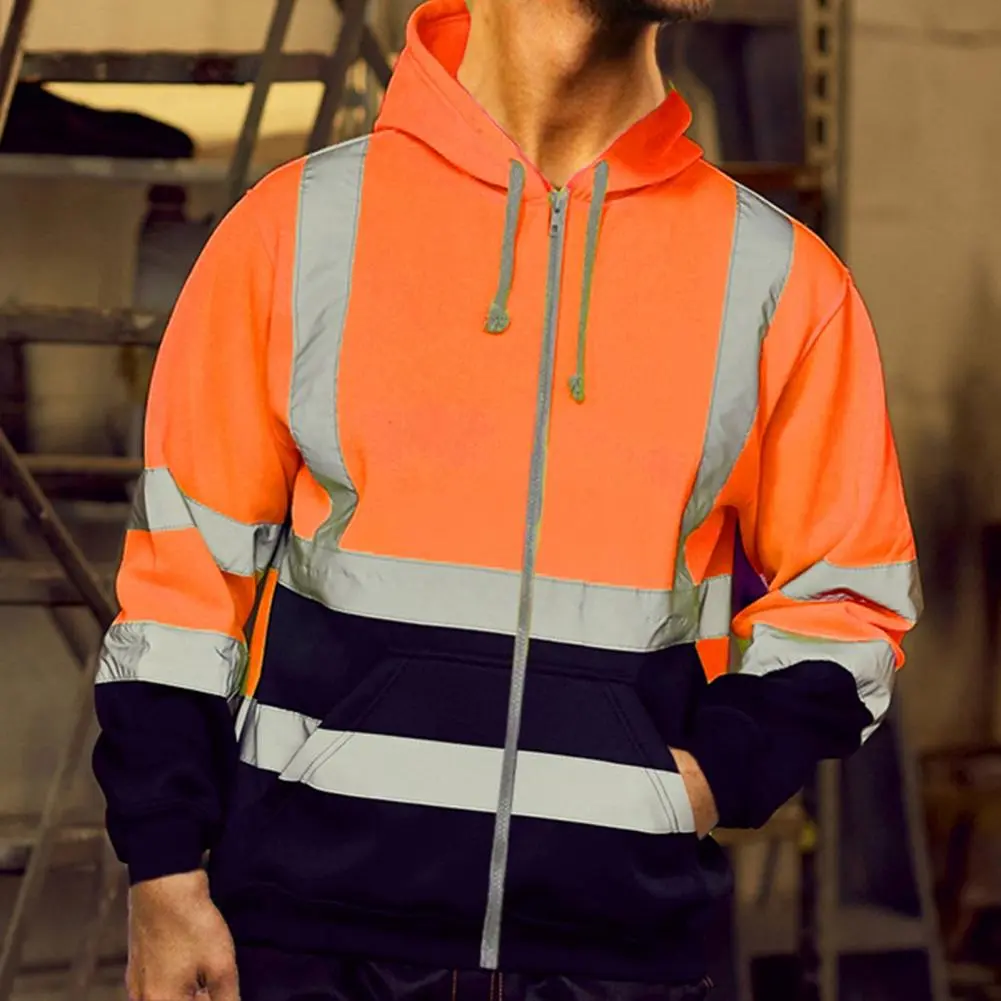 Reflective Strip Men Hoodie Coat Safe Warning Drawstring Zipper Long Sleeve Sanitation Overalls Outdoor Work Safety Jacket