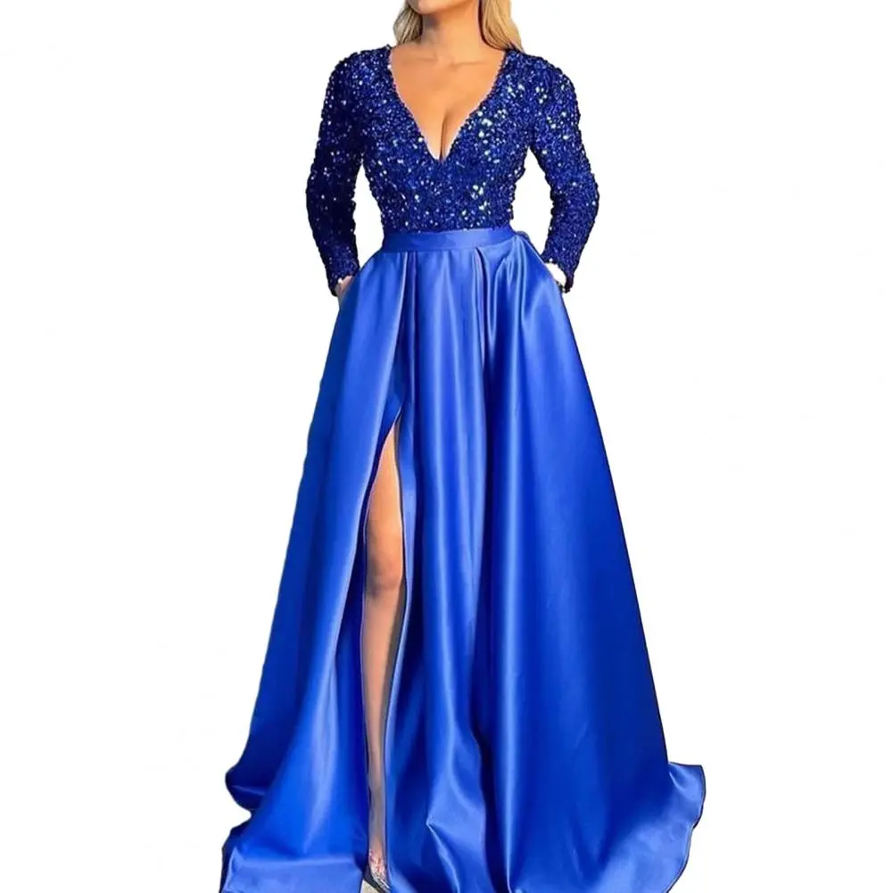 Prom Evening Dress V-neck Long Dress Elegant Shiny Sequin V Neck Maxi Dress for Women High Waist A-line Evening Gown for Prom