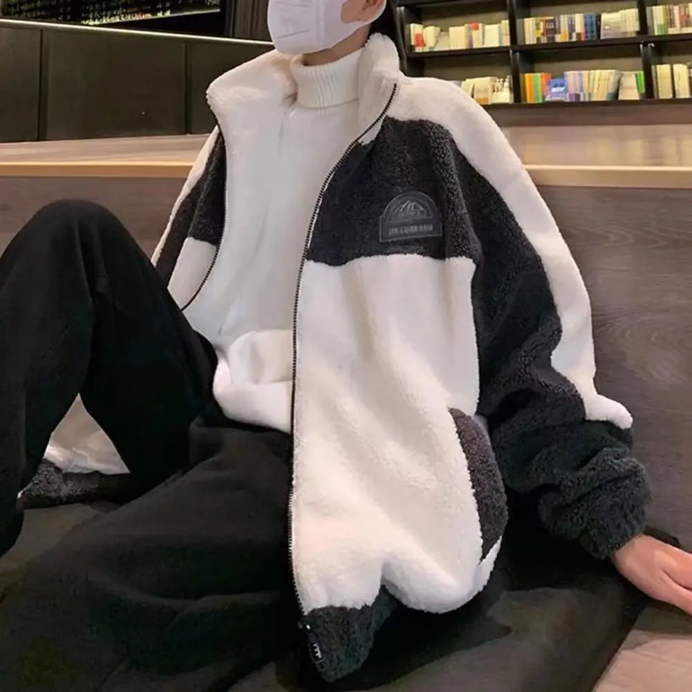 Autumn Winter Imitation Cashmere Coat Men Stand Collar Long Sleeve Pocket Jacket Coat Patchwork Color Loose Plush Jacket
