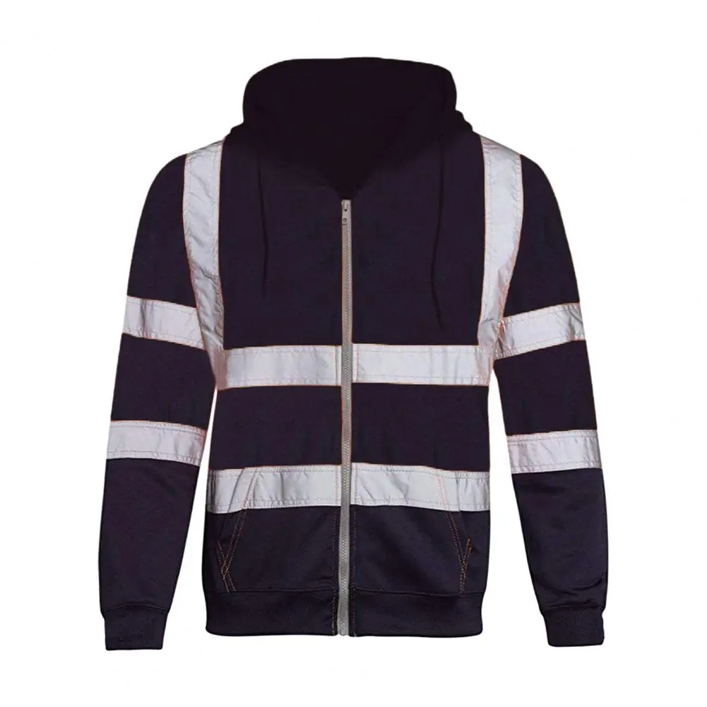 Reflective Strip Men Hoodie Coat Safe Warning Drawstring Zipper Long Sleeve Sanitation Overalls Outdoor Work Safety Jacket