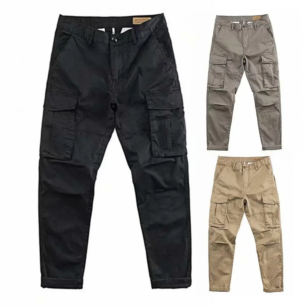 Casual Cargo Pants Multi Pockets Straight Men Pants Solid Color Deep Crotch Leisure Spring Trousers for Daily Wear