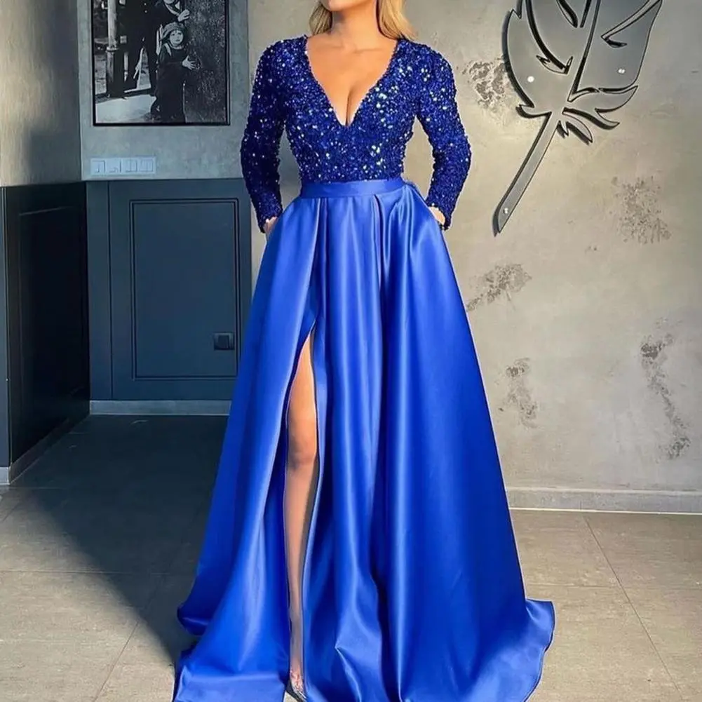 Prom Evening Dress V-neck Long Dress Elegant Shiny Sequin V Neck Maxi Dress for Women High Waist A-line Evening Gown for Prom