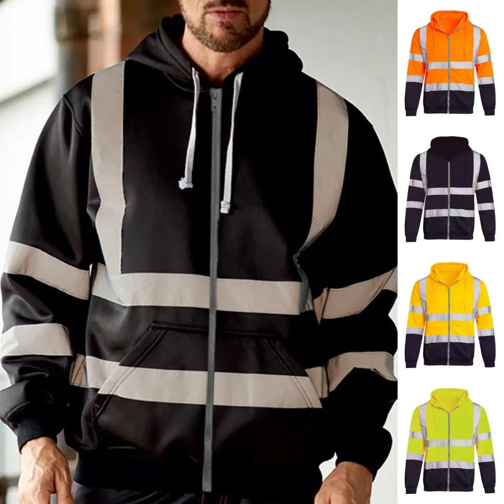 Reflective Strip Men Hoodie Coat Safe Warning Drawstring Zipper Long Sleeve Sanitation Overalls Outdoor Work Safety Jacket