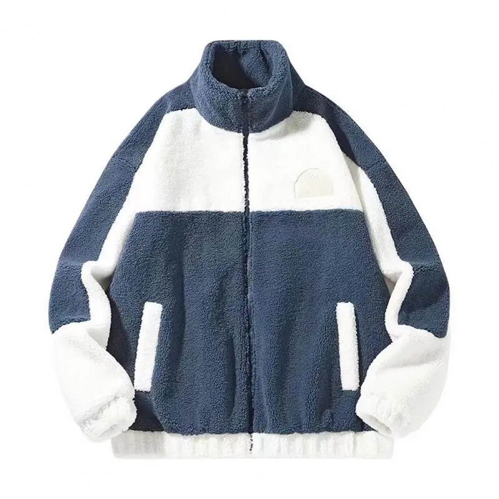 Autumn Winter Imitation Cashmere Coat Men Stand Collar Long Sleeve Pocket Jacket Coat Patchwork Color Loose Plush Jacket