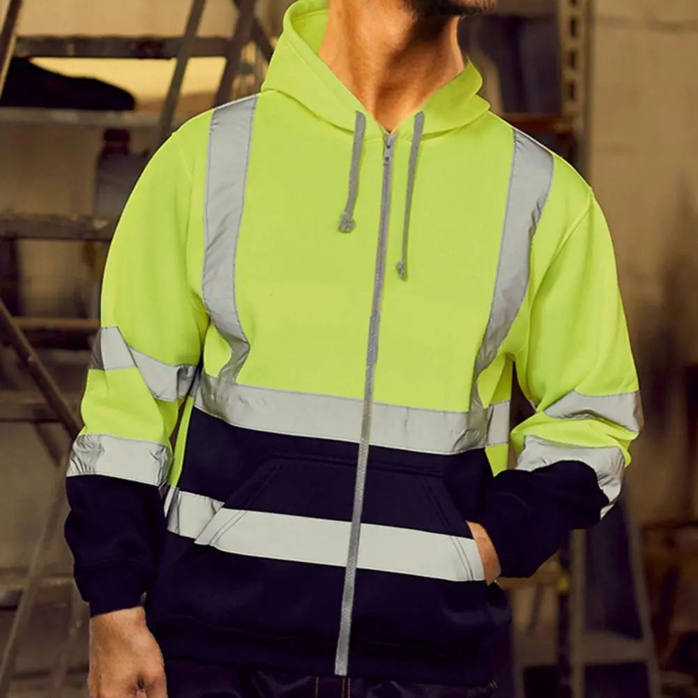 Reflective Strip Men Hoodie Coat Safe Warning Drawstring Zipper Long Sleeve Sanitation Overalls Outdoor Work Safety Jacket