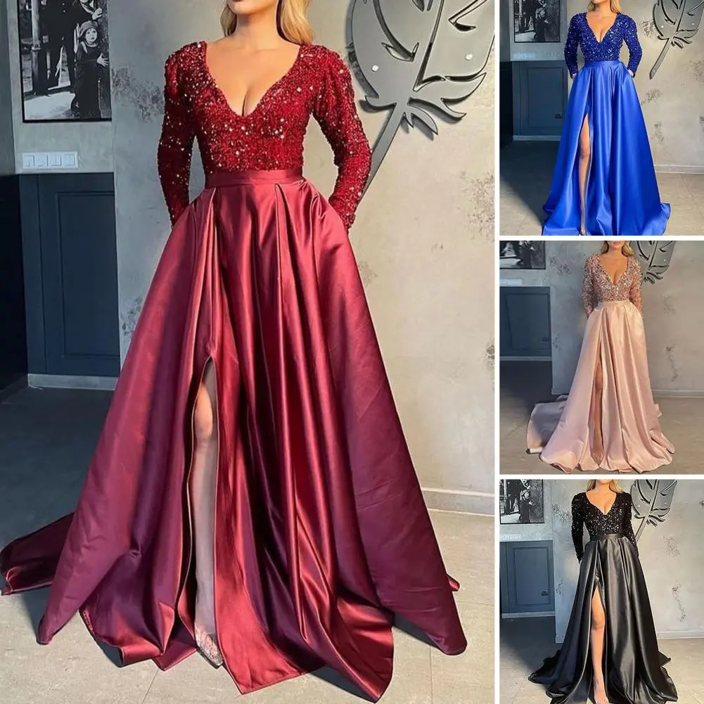 Prom Evening Dress V-neck Long Dress Elegant Shiny Sequin V Neck Maxi Dress for Women High Waist A-line Evening Gown for Prom