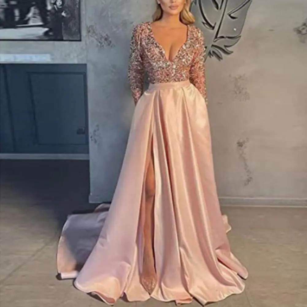 Prom Evening Dress V-neck Long Dress Elegant Shiny Sequin V Neck Maxi Dress for Women High Waist A-line Evening Gown for Prom