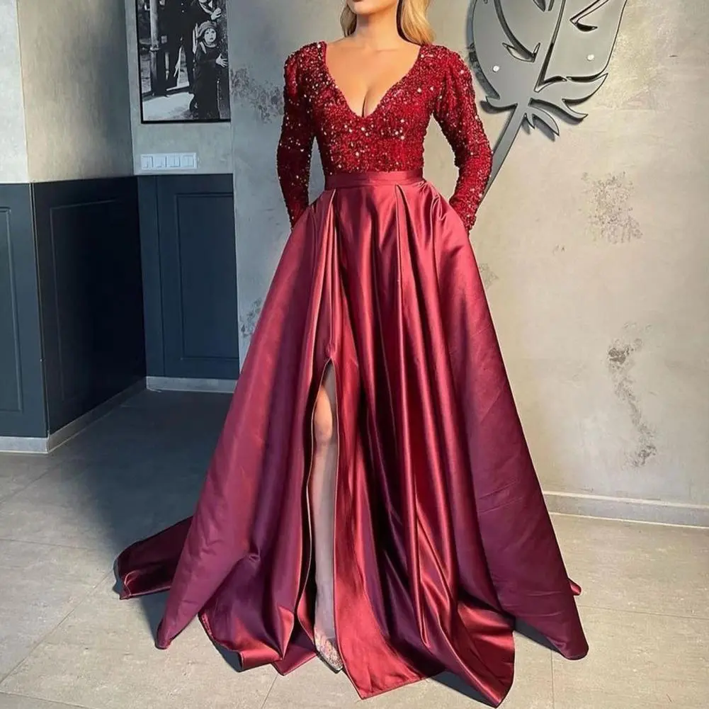Prom Evening Dress V-neck Long Dress Elegant Shiny Sequin V Neck Maxi Dress for Women High Waist A-line Evening Gown for Prom