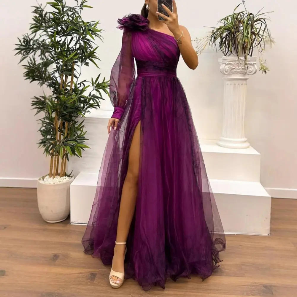 Slit Hem Ball Gown A-line Dress 3D Flower Decor One Shoulder Pleated Mesh Banquet Dress Floor Length Women Evening Dress