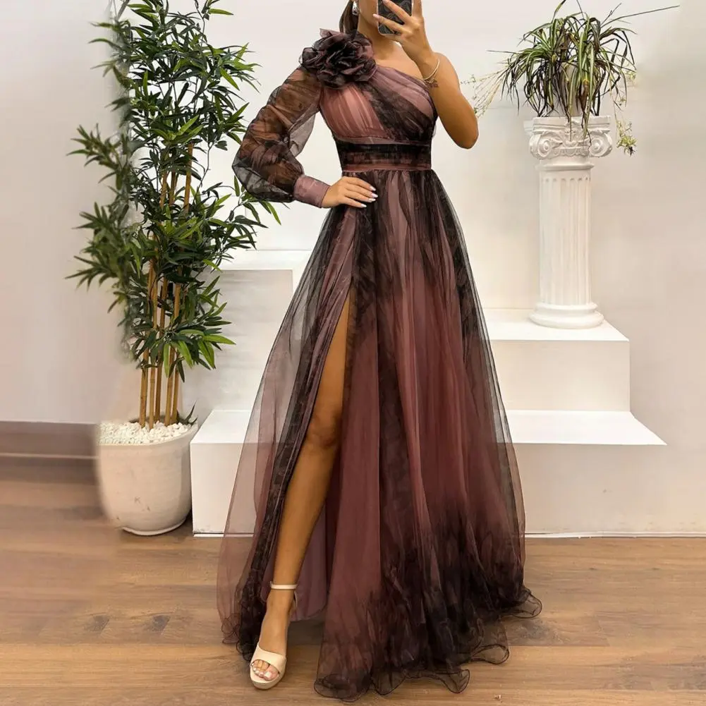 Slit Hem Ball Gown A-line Dress 3D Flower Decor One Shoulder Pleated Mesh Banquet Dress Floor Length Women Evening Dress