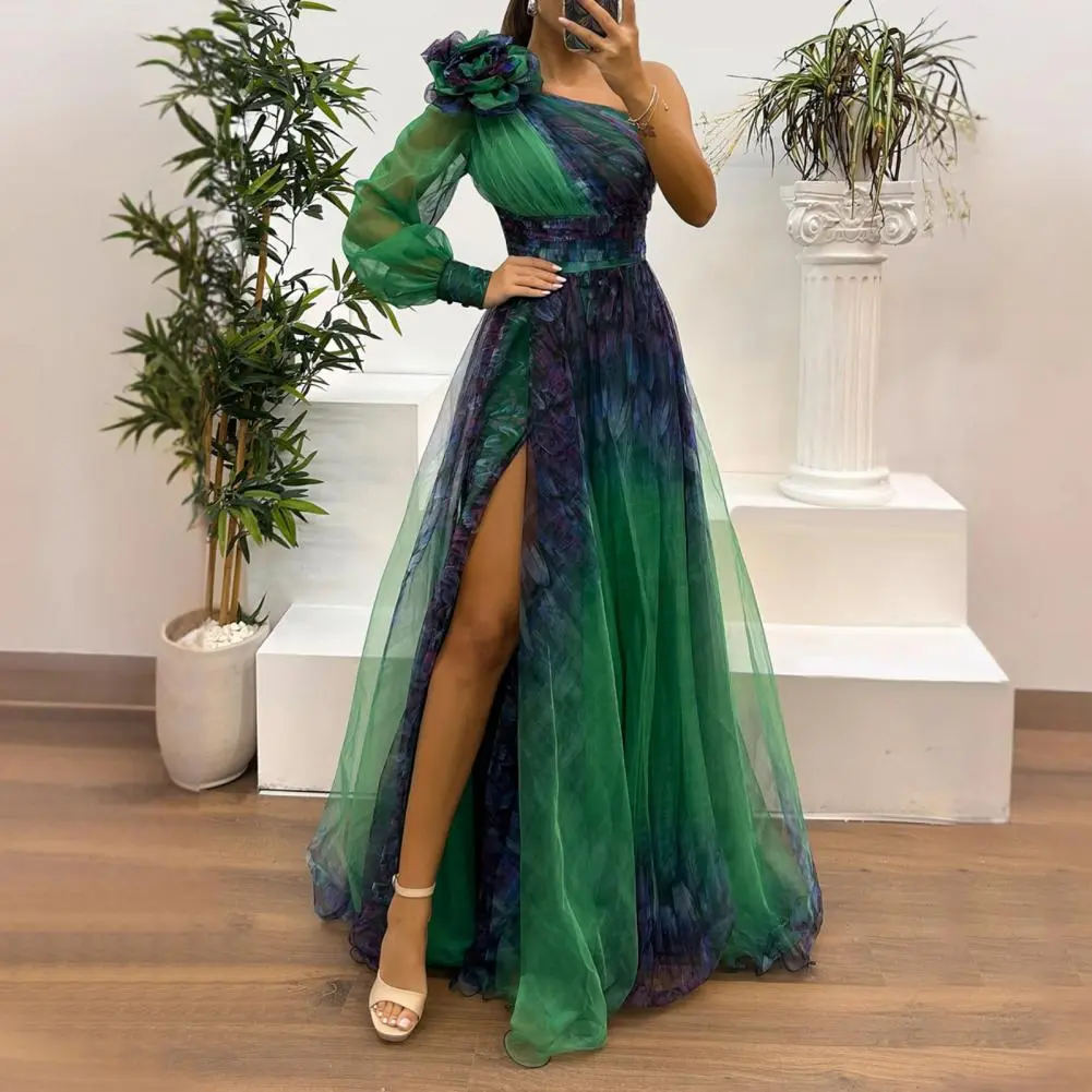 Slit Hem Ball Gown A-line Dress 3D Flower Decor One Shoulder Pleated Mesh Banquet Dress Floor Length Women Evening Dress