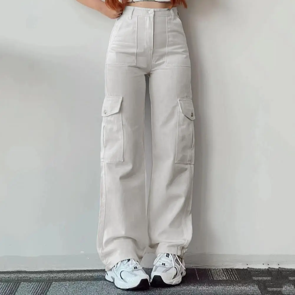 Button Zippered Pants Solid Color Pants Stylish Women's Cargo Pants with Multiple Pockets Loose Fit Straight Leg for Casual