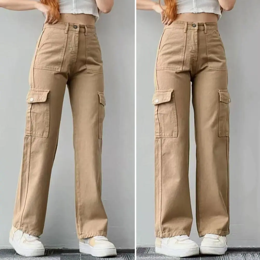 Button Zippered Pants Solid Color Pants Stylish Women's Cargo Pants with Multiple Pockets Loose Fit Straight Leg for Casual