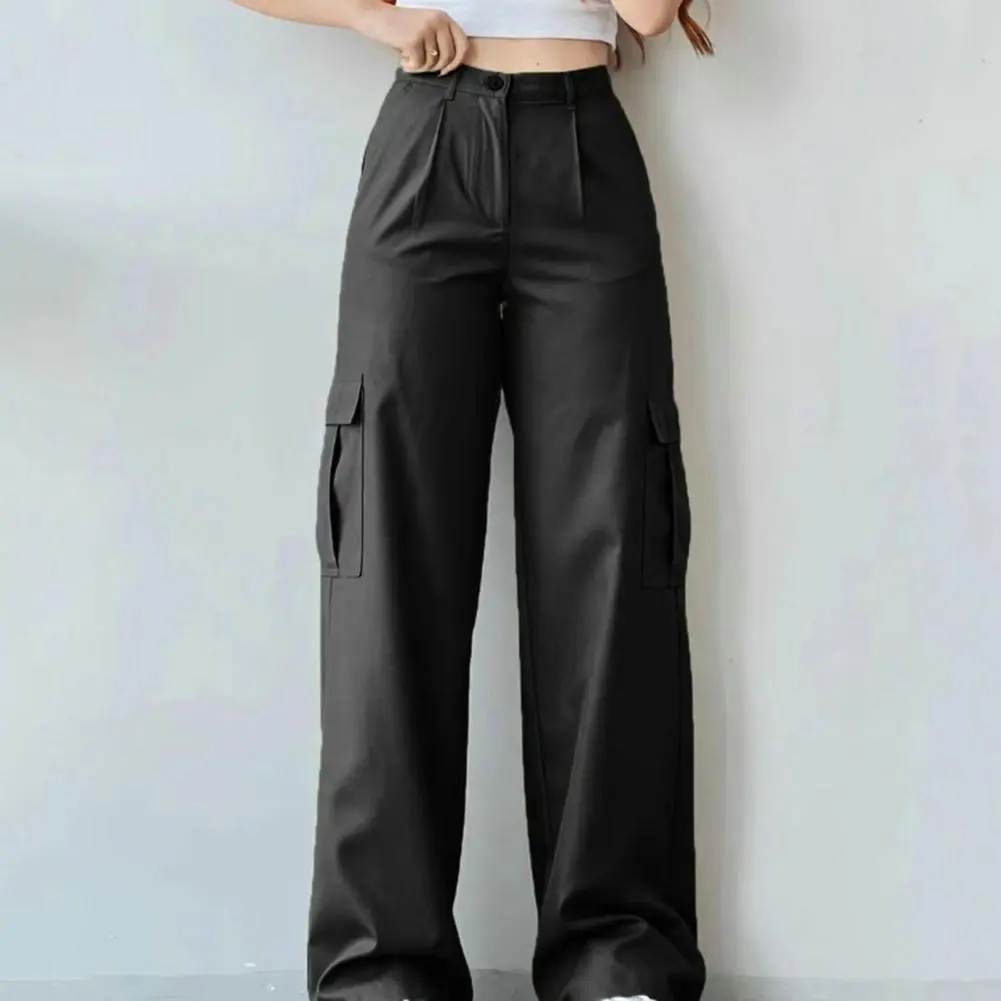 Button Zippered Pants Solid Color Pants Stylish Women's Cargo Pants with Multiple Pockets Loose Fit Straight Leg for Casual