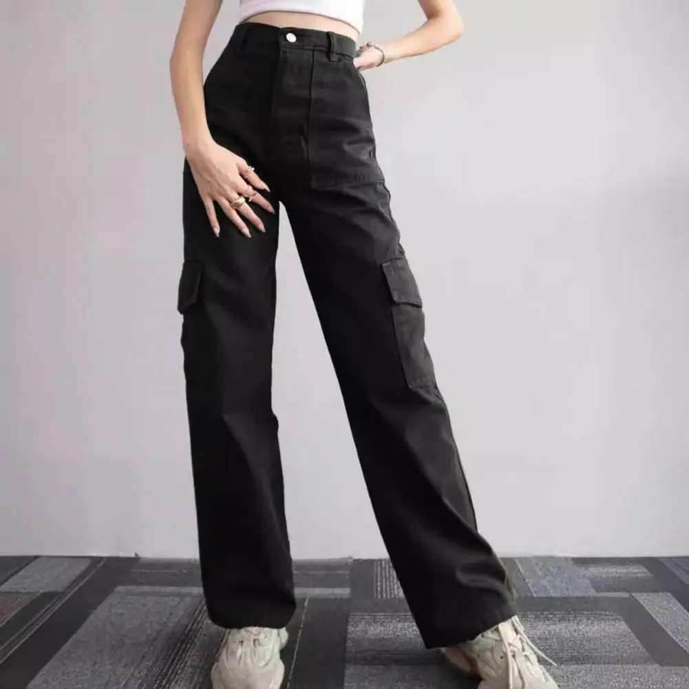 Button Zippered Pants Solid Color Pants Stylish Women's Cargo Pants with Multiple Pockets Loose Fit Straight Leg for Casual