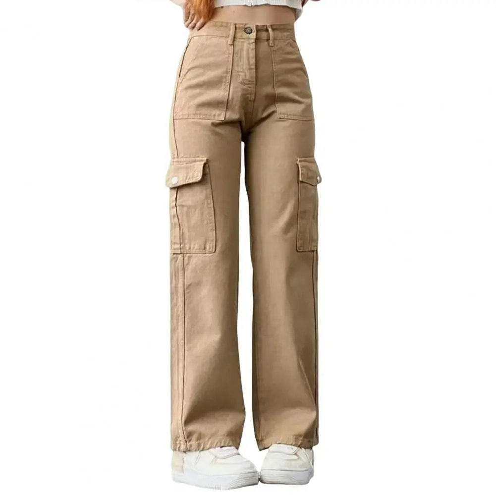 Button Zippered Pants Solid Color Pants Stylish Women's Cargo Pants with Multiple Pockets Loose Fit Straight Leg for Casual