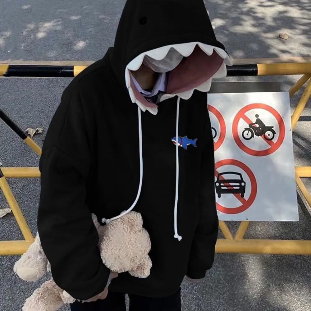 Men Shark Hoodie Fun Shark Patch Hooded Sweater Stylish Sporty Casual Loose Trendy Couple's Pullover Sweatshirt for Autumn