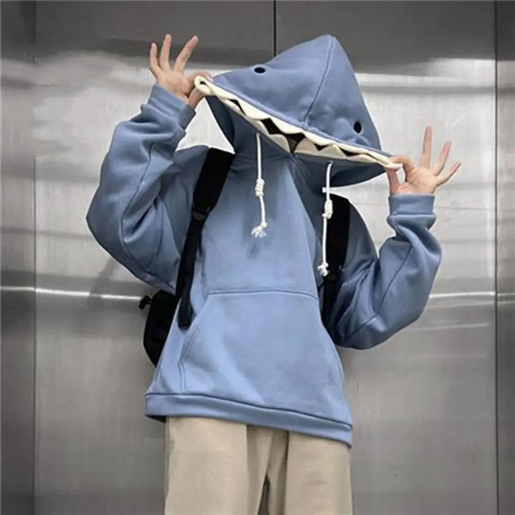 Men Shark Hoodie Fun Shark Patch Hooded Sweater Stylish Sporty Casual Loose Trendy Couple's Pullover Sweatshirt for Autumn